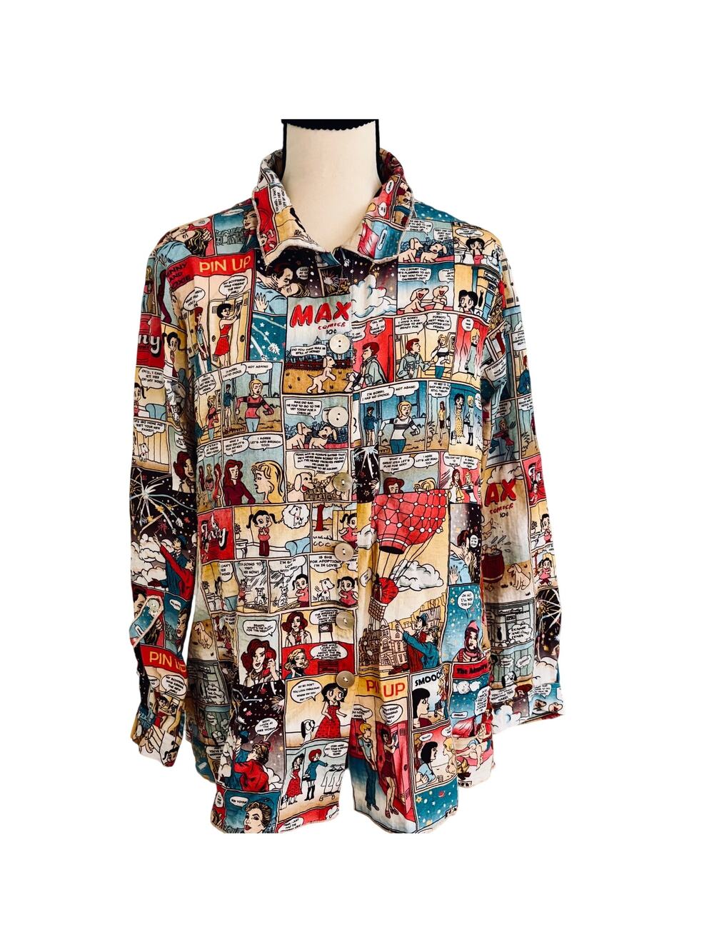 John Mark Zip-Back Comic Pop Art Print Blouse Indie Edgy Eclectic Colorful M
